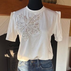 White Sequin Floral Short Sleeve Top